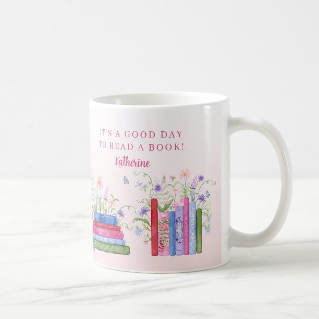 Books Shelf Stacked Good Day Watercolor Flowers Coffee Mug (Right)