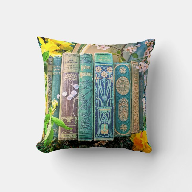 Books Spines and Blossoms (green) Throw Pillow (Front)