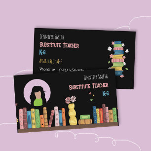 Books Sub Teacher Black Business Card with Photo