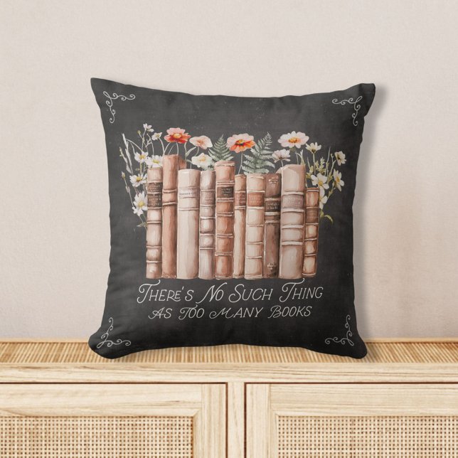 Books with Flowers and Quote on Black Chalkboard Throw Pillow (in situ)