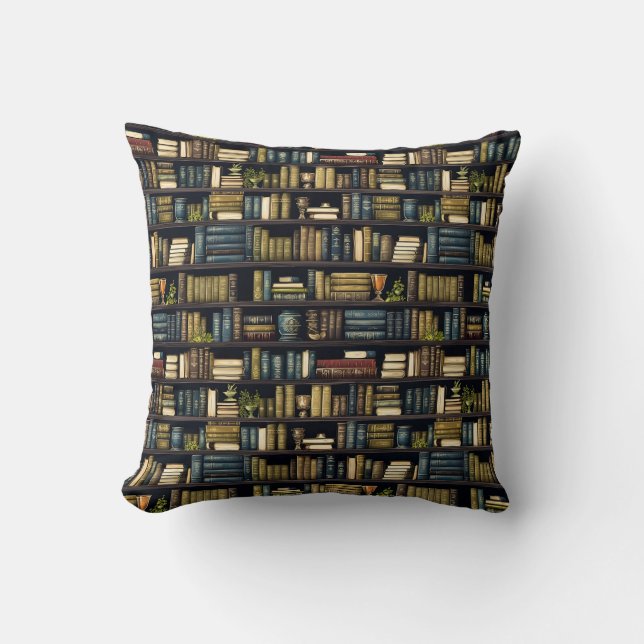 Bookshelf Books Library Bookworm Reading Pattern Throw Pillow (Front)