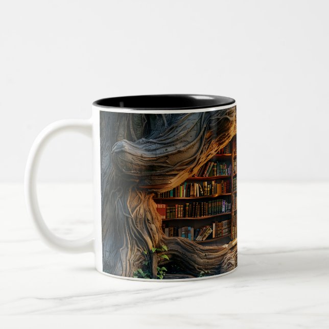 Bookshelf in the Woods 3D style  Two-Tone Coffee Mug (Left)