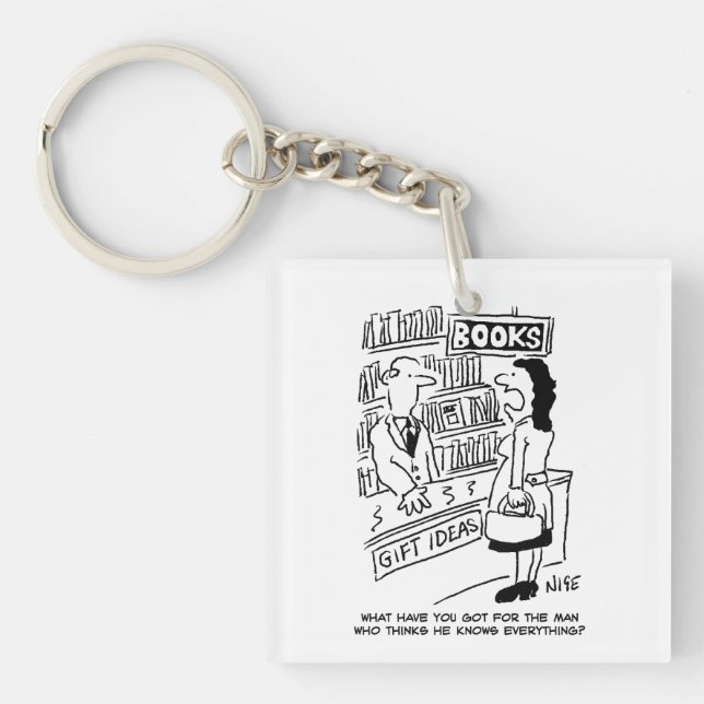 Bookshop Customer asks Bookseller a Question Keychain (Front)