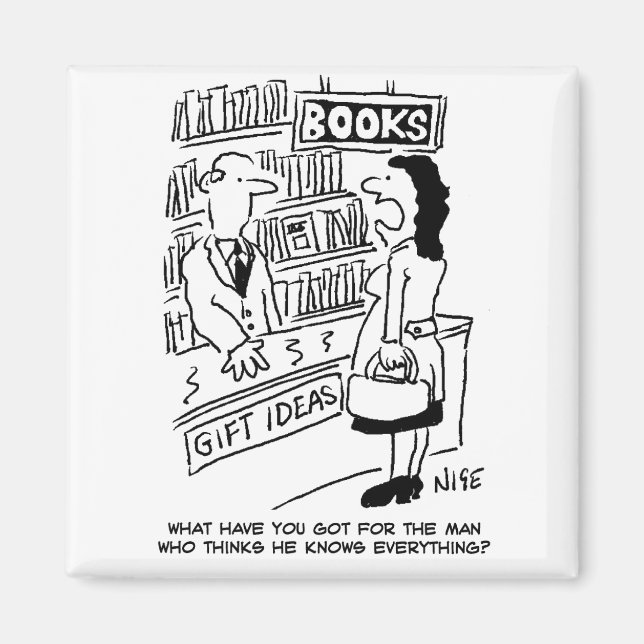 Bookshop Customer asks Shopkeeper a Question Magnet (Front)