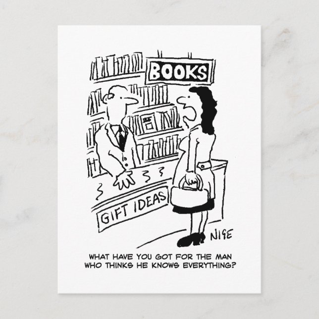 Bookshop Customer asks Shopkeeper a Question Postcard (Front)