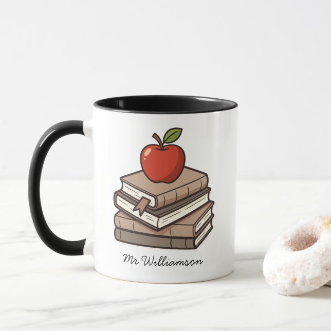 Bookstack and Apple Personalized Teacher Mug (With Donut)