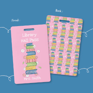 Bookstack and Flowers Pink Library Hall Pass Badge