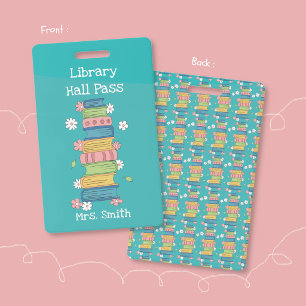 Bookstack and Flowers Teal Library Hall Pass Badge