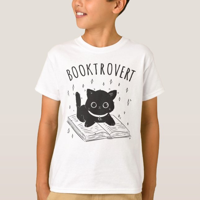 Booktrovert cat with book and stars T-Shirt (Front)