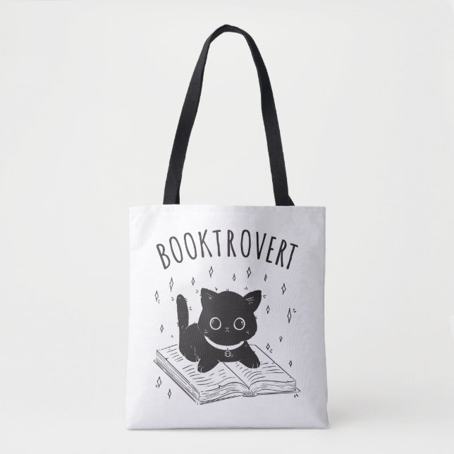 Booktrovert cat with book and stars tote bag (Front)