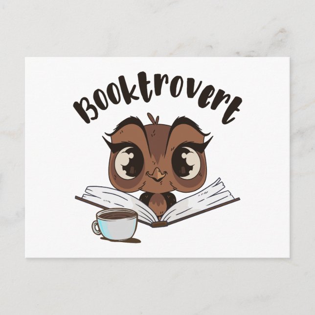 Booktrovert owl with book and coffee holiday postcard (Front)