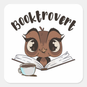 Booktrovert owl with book and coffee square sticker