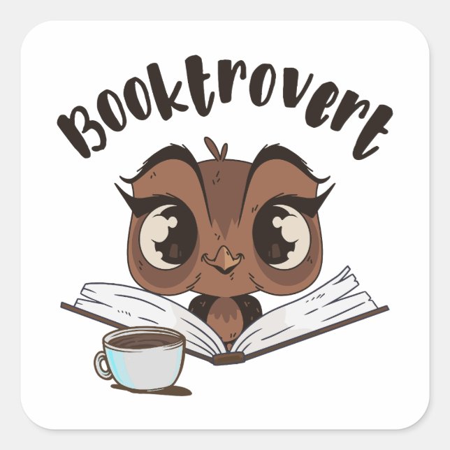 Booktrovert owl with book and coffee square sticker (Front)