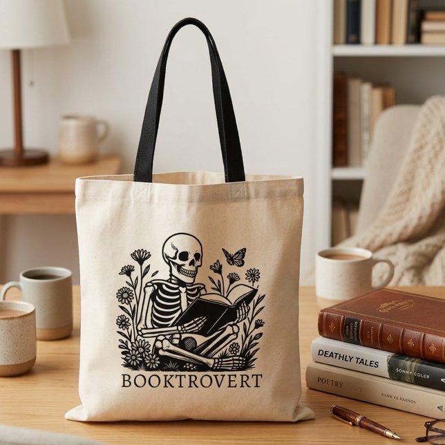 Booktrovert Quote For Book Lover Reading Skeleton Tote Bag (Creator Uploaded)