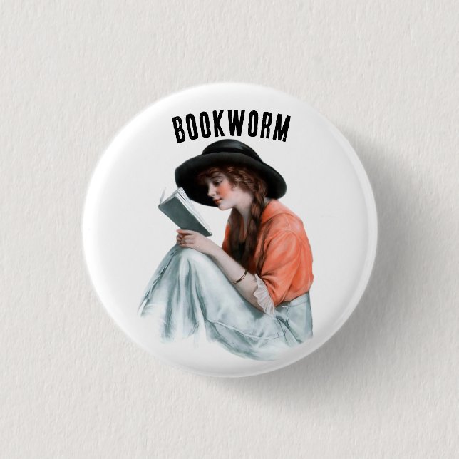 Bookworm, 1 Inch Round Button (Front)