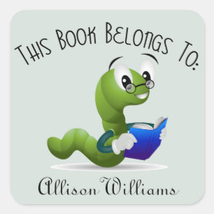 Bookworm Book Plate with Custom Name Square Sticker