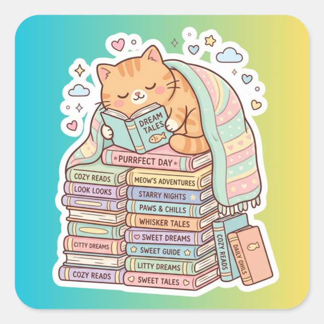 Bookworm Cat Cozy Reading Cat Square Sticker (Front)