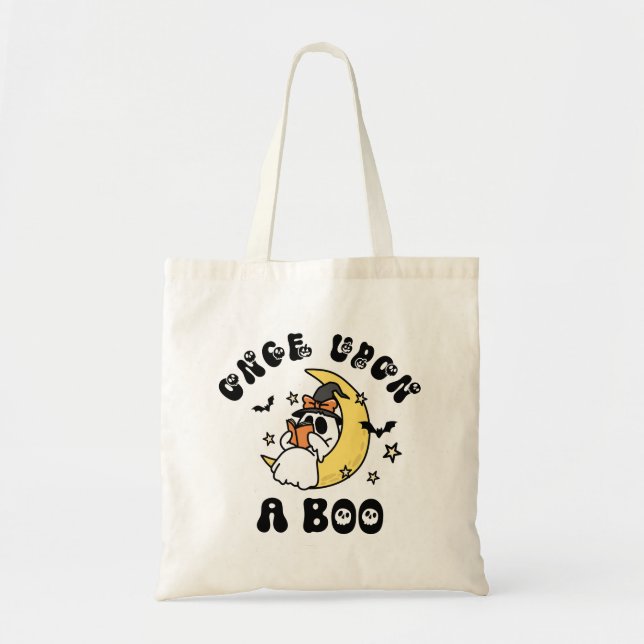Bookworm Ghost Once Upon a Boo Halloween Tote Bag (Front)