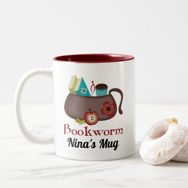 Bookworm Gift for Librarian or Book Club Two-Tone  Coffee Mug (With Donut)