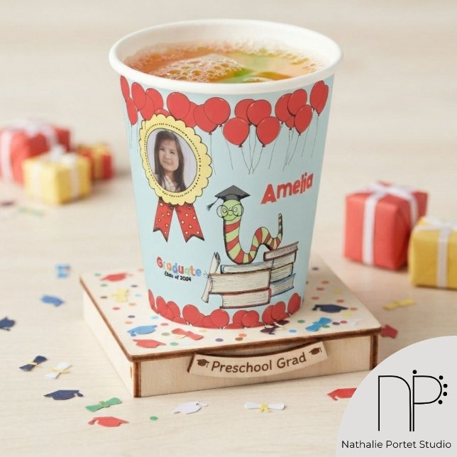 Bookworm Graduation Paper Cups  (This Bookworm Graduation Paper Cup features a hand-drawn bookworm and custom photo.)