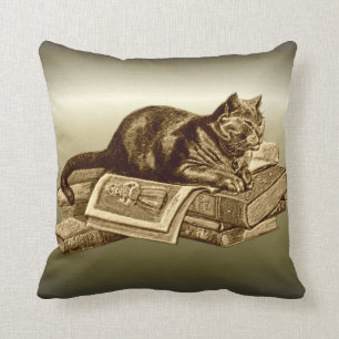 Bookworm Kitty Cat Reading Books Throw Pillow
