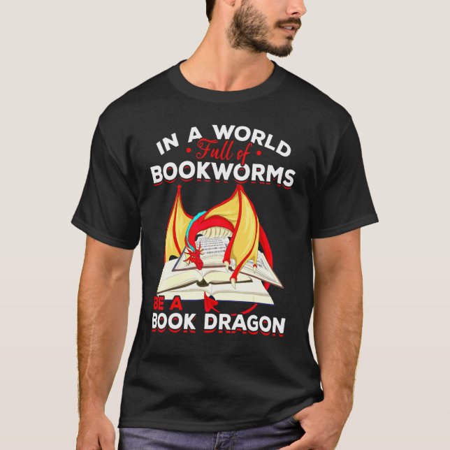 Bookworm Mythical Creature Reading Book Dragon T-Shirt (Front)