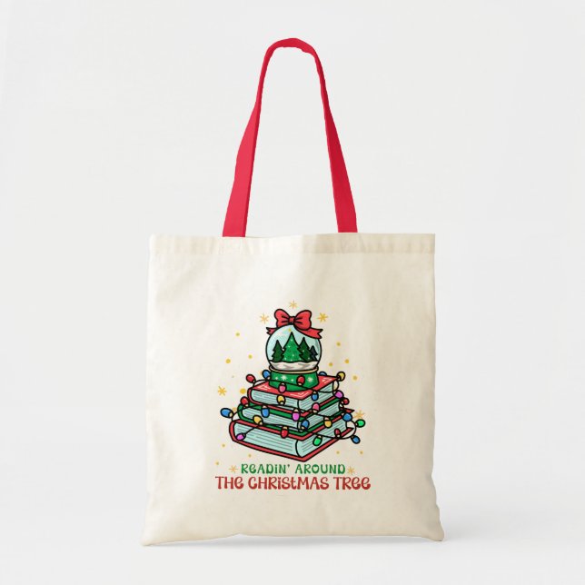  Bookworm Reading Around the Christmas Tree  Tote Bag (Front)