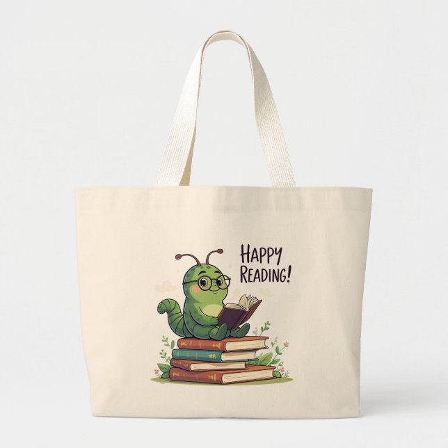 Bookworm Reading Design Large Tote Bag (Front)