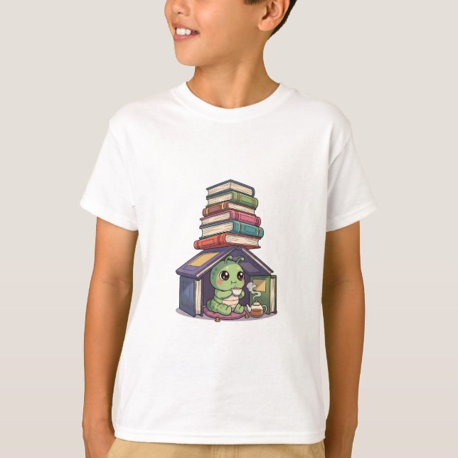 Bookworm Reading in Book Stack House Kids T-Shirt (Front)