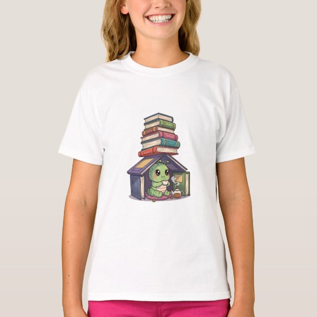 Bookworm Reading in Book Stack House Kids T-Shirt (Front)