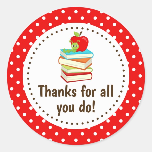 Bookworm Thank You Teacher Appreciation Red Spots  Classic Round Sticker (Front)