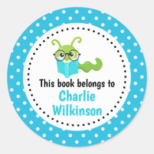 Bookworm This Book Belongs To Bookplate Blue Spots Classic Round Sticker