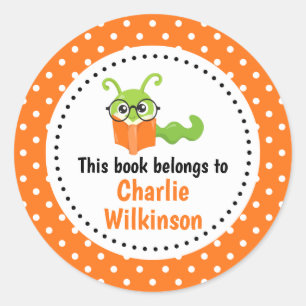 Bookworm This Book Belongs To Bookplate Orange Classic Round Sticker