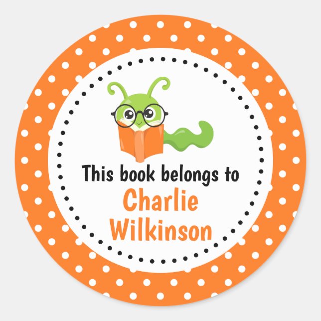 Bookworm This Book Belongs To Bookplate Orange Classic Round Sticker (Front)