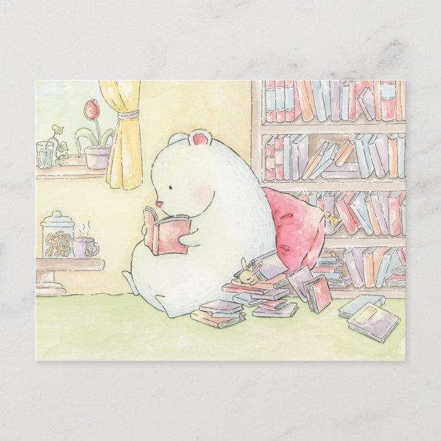 Bookworms library polar bear bunny watercolour postcard (Front)