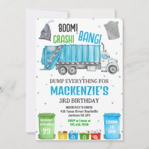 Boom Crash Bang Garbage Truck Boy Birthday Party Invitation