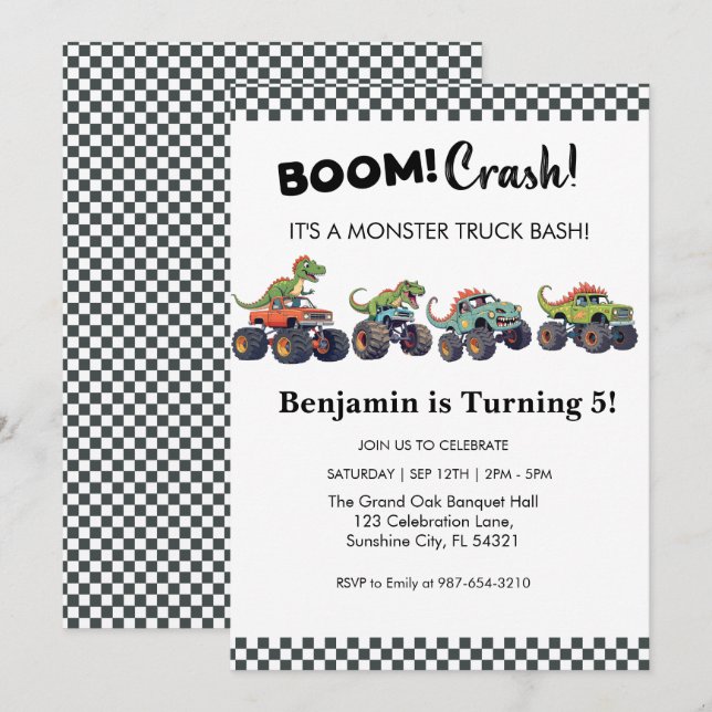 Boom Crash,Monster Truck Birthday Invitation (Front/Back)