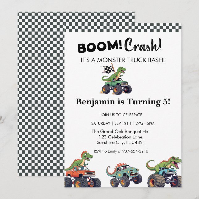 Boom Crash,Monster Truck Birthday Invitation (Front/Back)