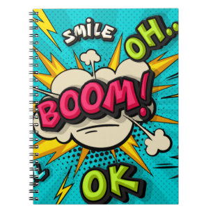 Boom pop art cloud bubble. Smile, wow, pow, cool, Notebook