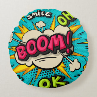 Boom pop art cloud bubble. Smile, wow, pow, cool,  Round Pillow