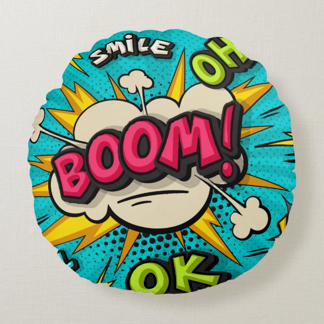 Boom pop art cloud bubble. Smile, wow, pow, cool,  Round Pillow (Front)