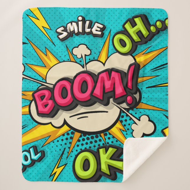 Boom pop art cloud bubble. Smile, wow, pow, cool,  Sherpa Blanket (Front)
