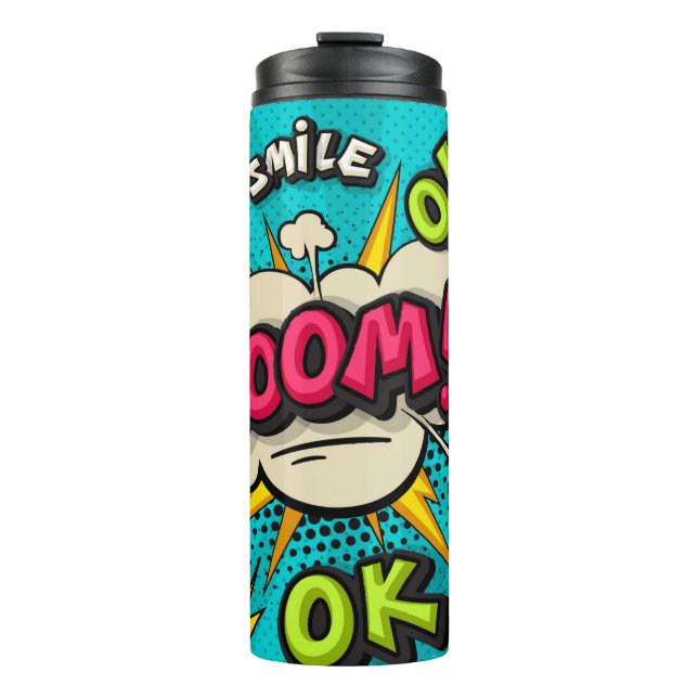 Boom pop art cloud bubble. Smile, wow, pow, cool,  Thermal Tumbler (Front)