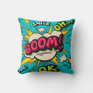 Boom pop art cloud bubble. Smile, wow, pow, cool,  Throw Pillow