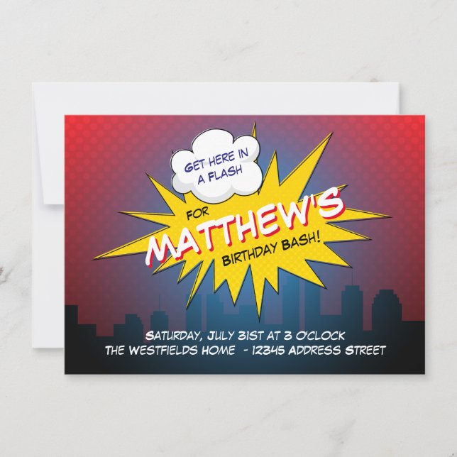 Boom Superhero Kids Birthday Party Invitation (Front)