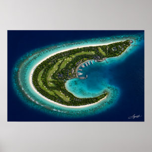 Boomerang-Shaped Island with Marina Satellite View Poster