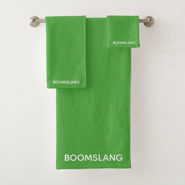 Boomslang green colour name bath towel set (Insitu)