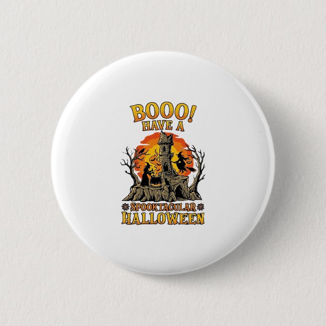 Booo Spooktacular Halloween Witch Cauldron Castle  2 Inch Round Button (Front)