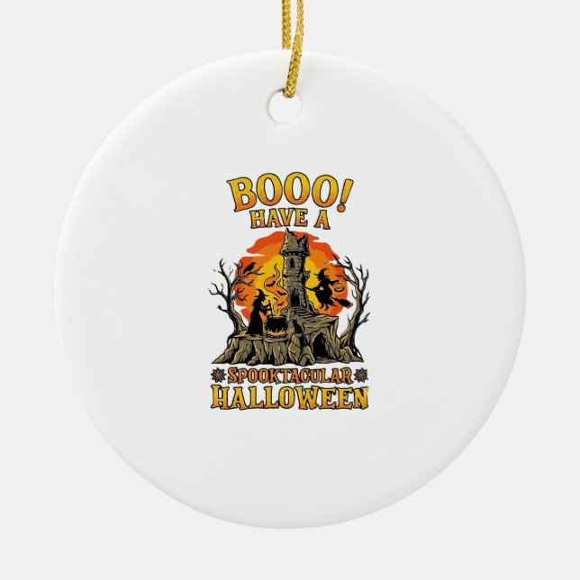 Booo Spooktacular Halloween Witch Cauldron Castle  Ceramic Ornament (Front)