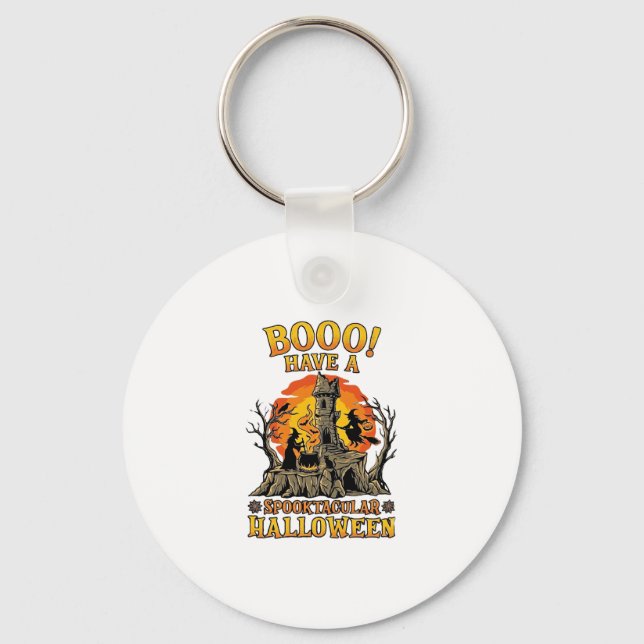 Booo Spooktacular Halloween Witch Cauldron Castle  Keychain (Front)